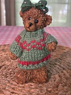Vintage K's Collection Resin Teddy Bear Figurine in Green and Red Knit Sweater w